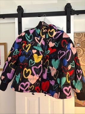 wild fable Black Heart-Print Puffer Jacket with Multicolor Hearts